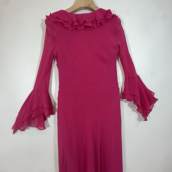 Express Silk Fuchsia Ruffle Wrap Midi Dress Women’s Size 3/4 Long Sleeve Flare 4 - Picture 10 of 10